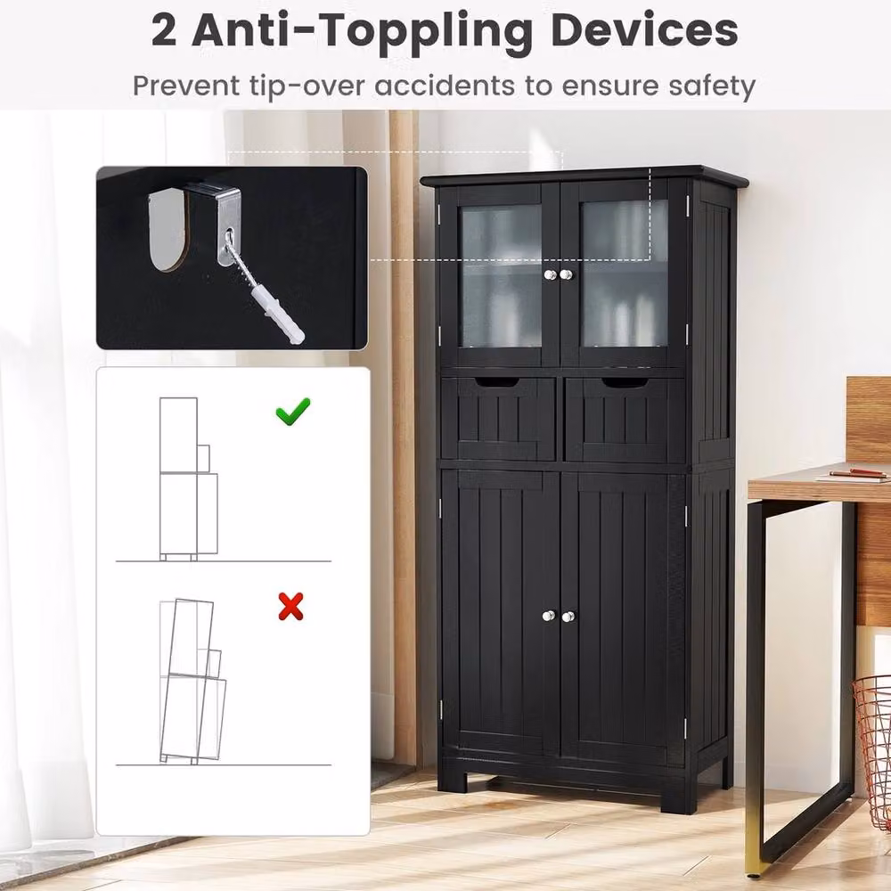 FORGEVIO Modern Black Freestanding Tall Bathroom Storage Cabinet with Glass Doors and Internal Drawers, W/D/H: 60 x 30 x 128 cm – 4