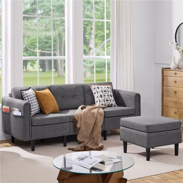 Yaheetech Reversible L-Shape Fabric Upholstered Corner Sofa with Ottoman in Grey