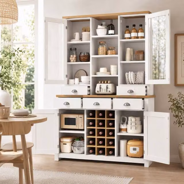 STILVORA White Pantry Cabinet with Glass Doors, Wine Rack and 5 Drawers