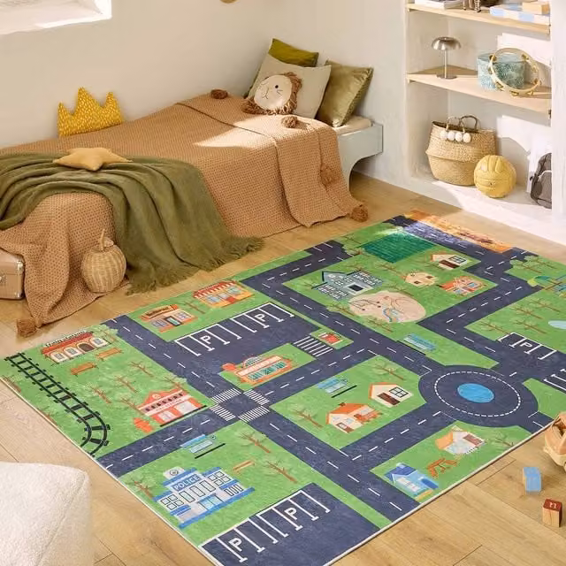 sweeek Children's Indoor Rug with Mini City Print in Green and Multicolour, W: 160 cm, D: 120 cm – 1