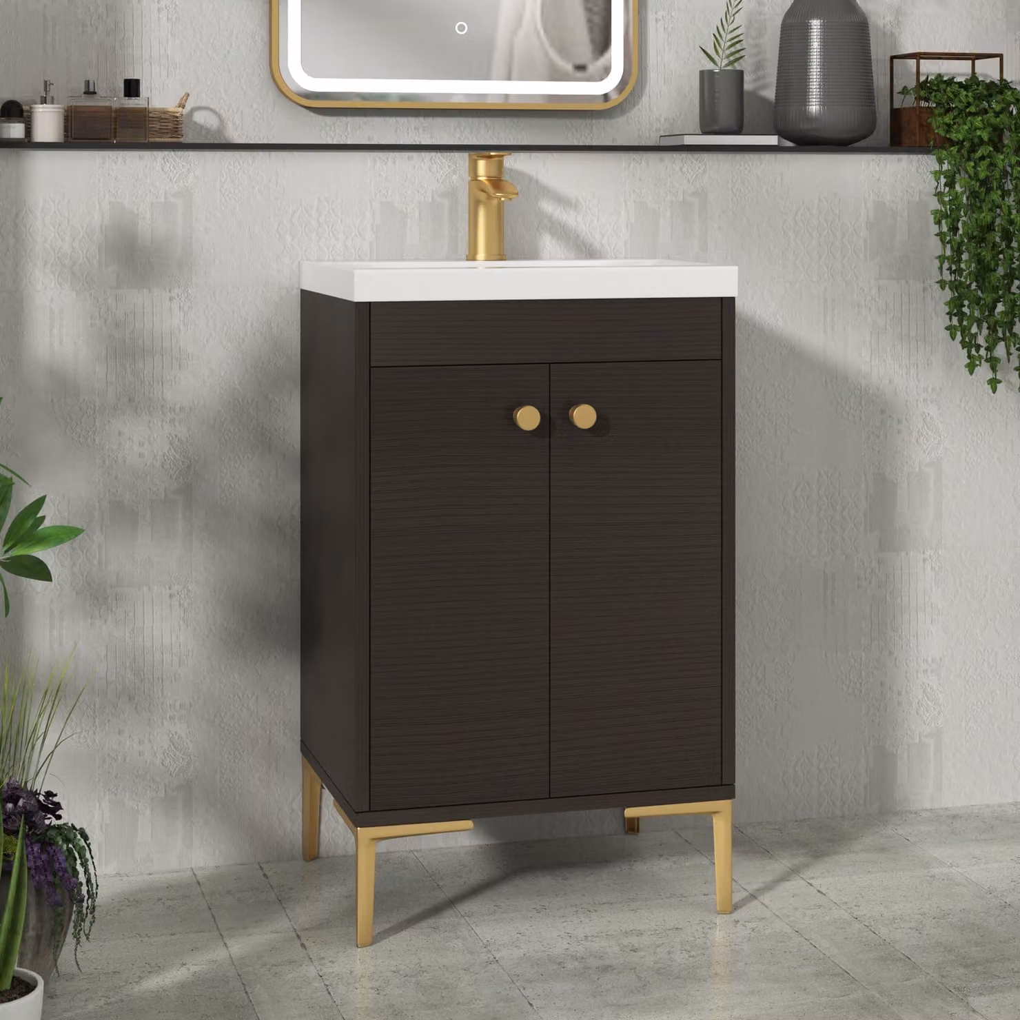 Royal Bathrooms Verona 2 Door Floor Standing Bathroom Vanity Unit in Walnut Woodgrain with Mid-Edge Basin and Brushed Brass Knob, Width: 50 cm