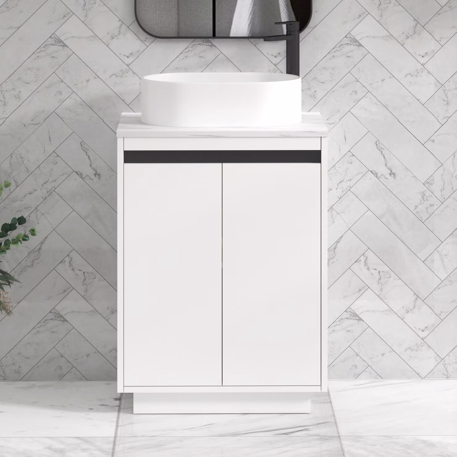 Royal Bathrooms Orion 600mm Matt White Floor Standing 2 Door Vanity Unit with Peak Basin and Black Accent Trim