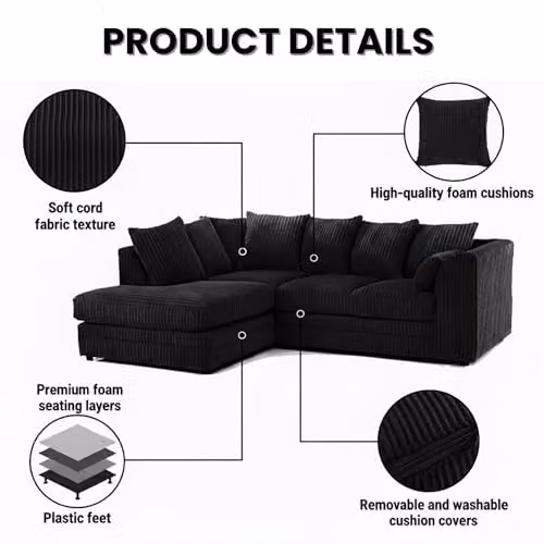 SofaSelection Jumbo Cord Left Hand Corner Sofa in Black, L-Shaped 4-5 Seater Fabric Couch with Deep-Filled Scatter Cushions, W/D/H: 212 x 90 x 90 cm – 2