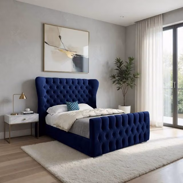 KDMD Silverdale King Size Upholstered Velvet Designer Bed Frame in Blue, W/D/H: 180 x 159 x 137 cm – 1
