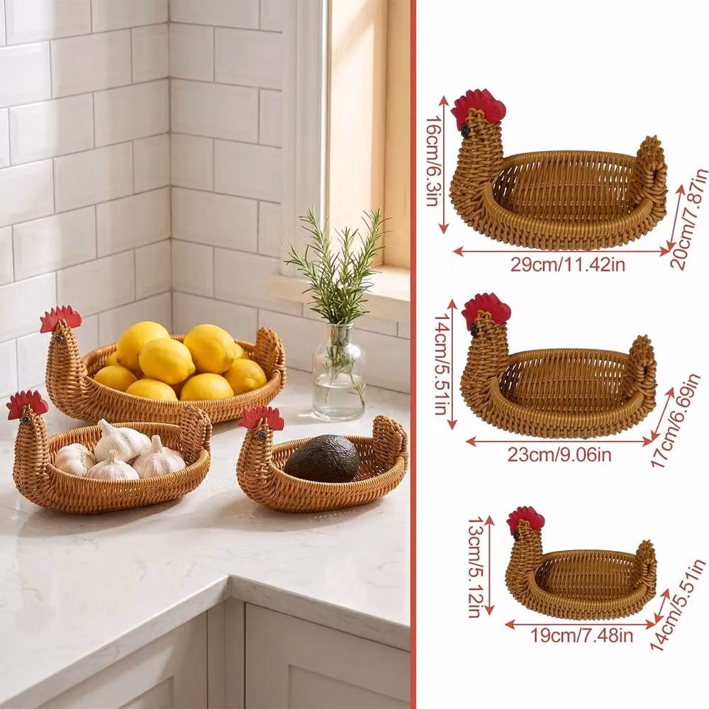 VOGREX Set of 3 Brown Rattan Chicken Animal Storage Baskets – 2