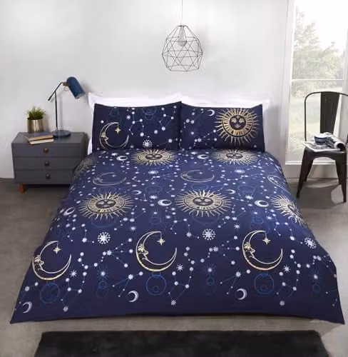 Rapport Home Celestial Stars Reversible Polycotton Duvet Cover and Pillowcase Set in Blue, W/D/H: 135 x 200 cm and 50 x 75 cm – 1