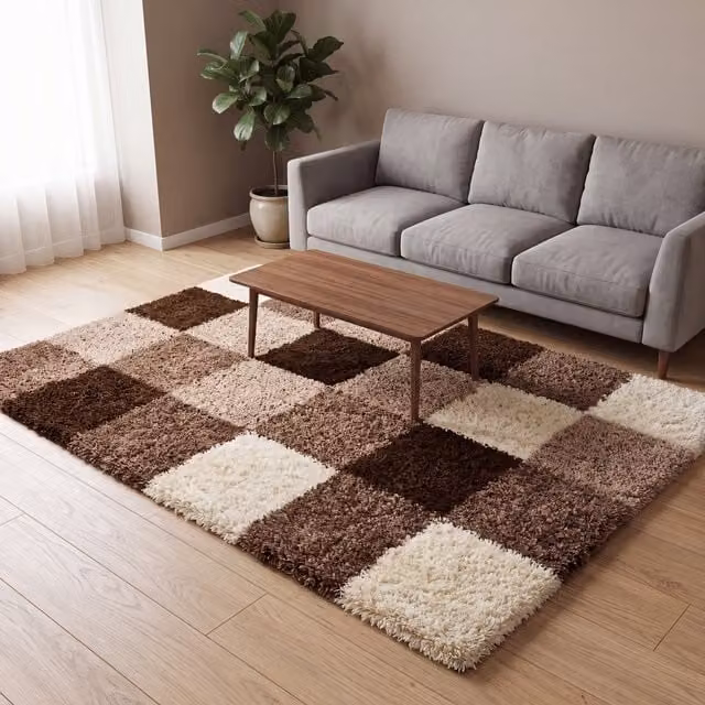 Bravich California Checked Shaggy Rug in Beige, Brown and Multicolour, W: 170 cm, D: 120 cm