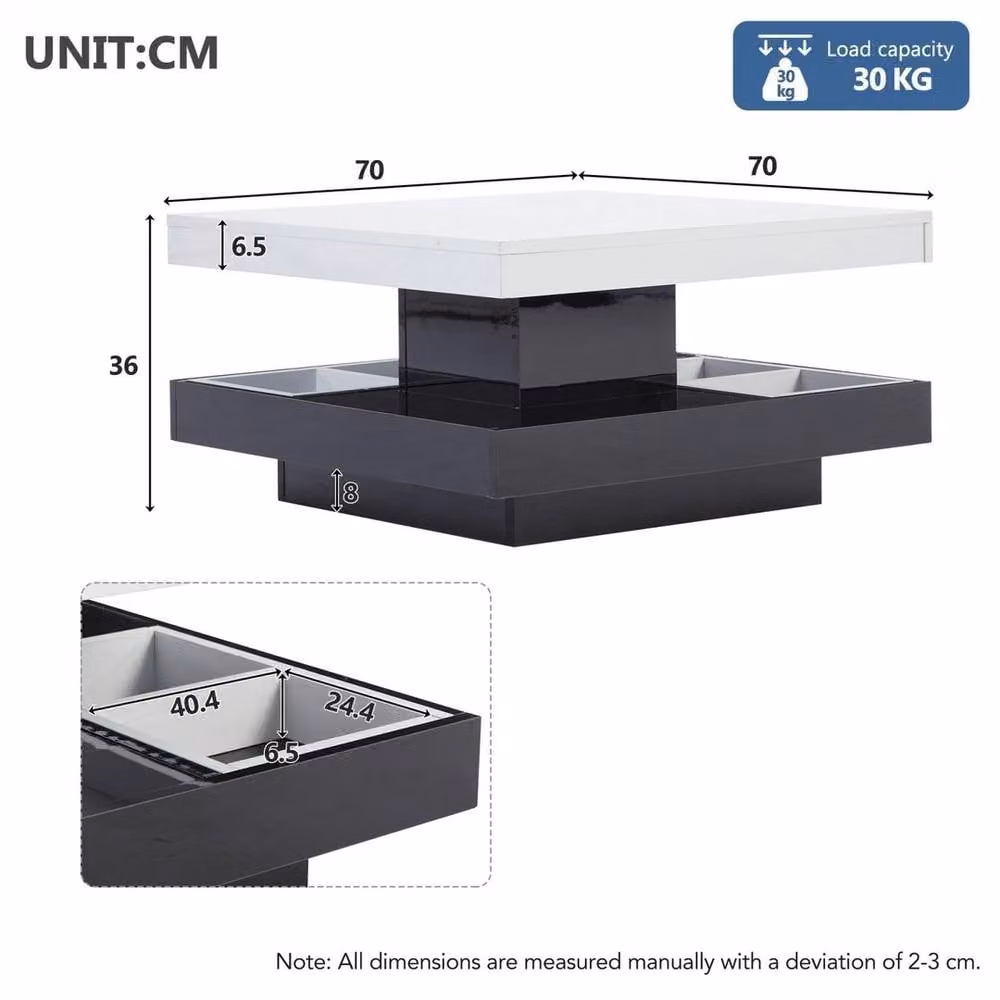 KORVIXA Modern Square Coffee Table with 360 Degree Rotating Top in White and Multicolour, W/D: 100 x 100 cm – 2