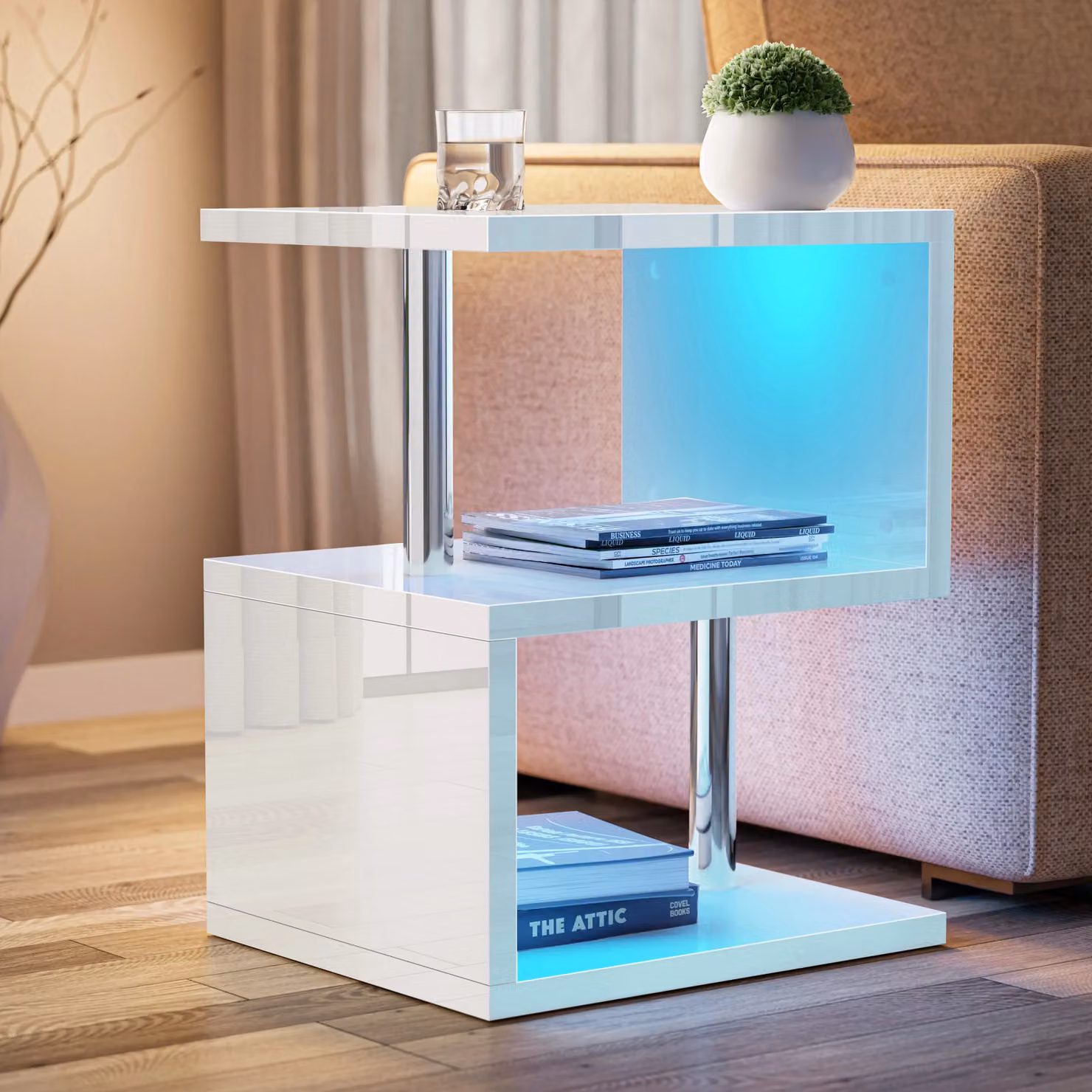 DHS Modern High Gloss White Side Table with LED