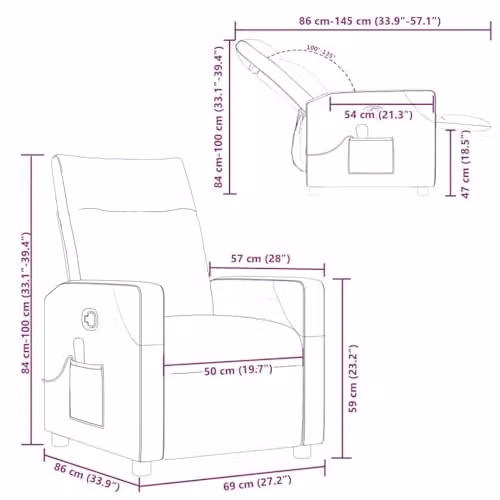 vidaXL Massage Recliner Chair in Grey Fabric, W: 69 cm, D: 86 cm, H: 100 cm – 3