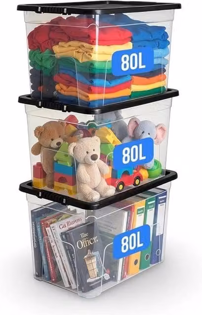 Nordara 3 Pack 80L Clear Plastic Storage Boxes with Black Lids