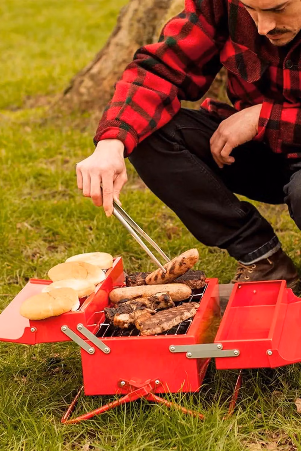 Suck UK Stainless Steel Charcoal Tabletop BBQ Grill in Red and Silver with Warming Rack – 9