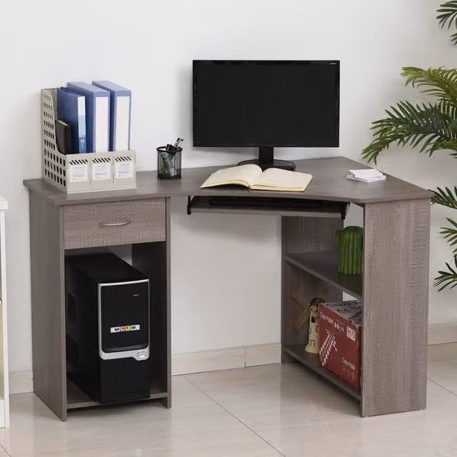 HOMCOM L-Shaped Corner Computer Desk with 2 Shelves in Grey