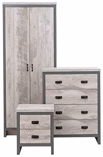 GFW Boston 3 Piece Industrial Style Bedroom Furniture Set in Grey Wood Effect and Black Metal – 1
