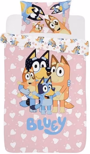 Bluey I Love U Reversible Single Duvet Cover and Pillowcase Set in Pink and Multicolour Cotton, W/D/H: 90 x 200 cm