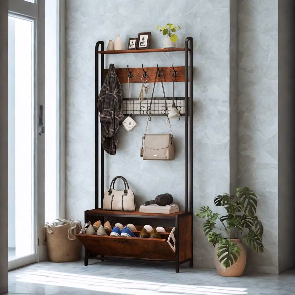 FURNOS Industrial Hall Tree Coat Rack with Bench in Brown, H 180 x W 120 x D 30 cm – 6