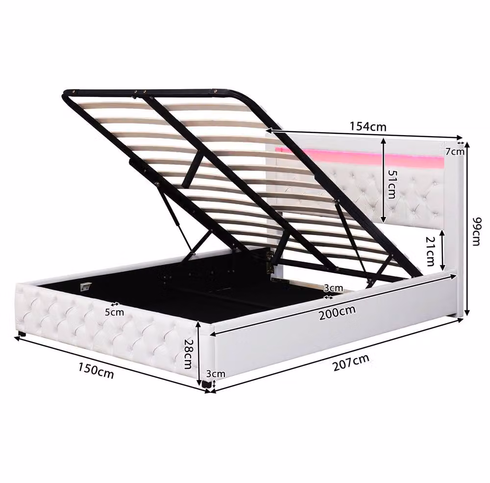 STILVORA White Upholstered King Size Bed with Storage, LED Lighting and Synthetic Leather, W: 150 cm, D: 200 cm – 4