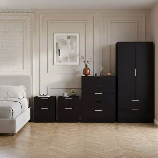 Vida Designs Trega 4-Piece Black Bedroom Set including Wardrobe, 5-Drawer Chest and 2 Bedside Tables