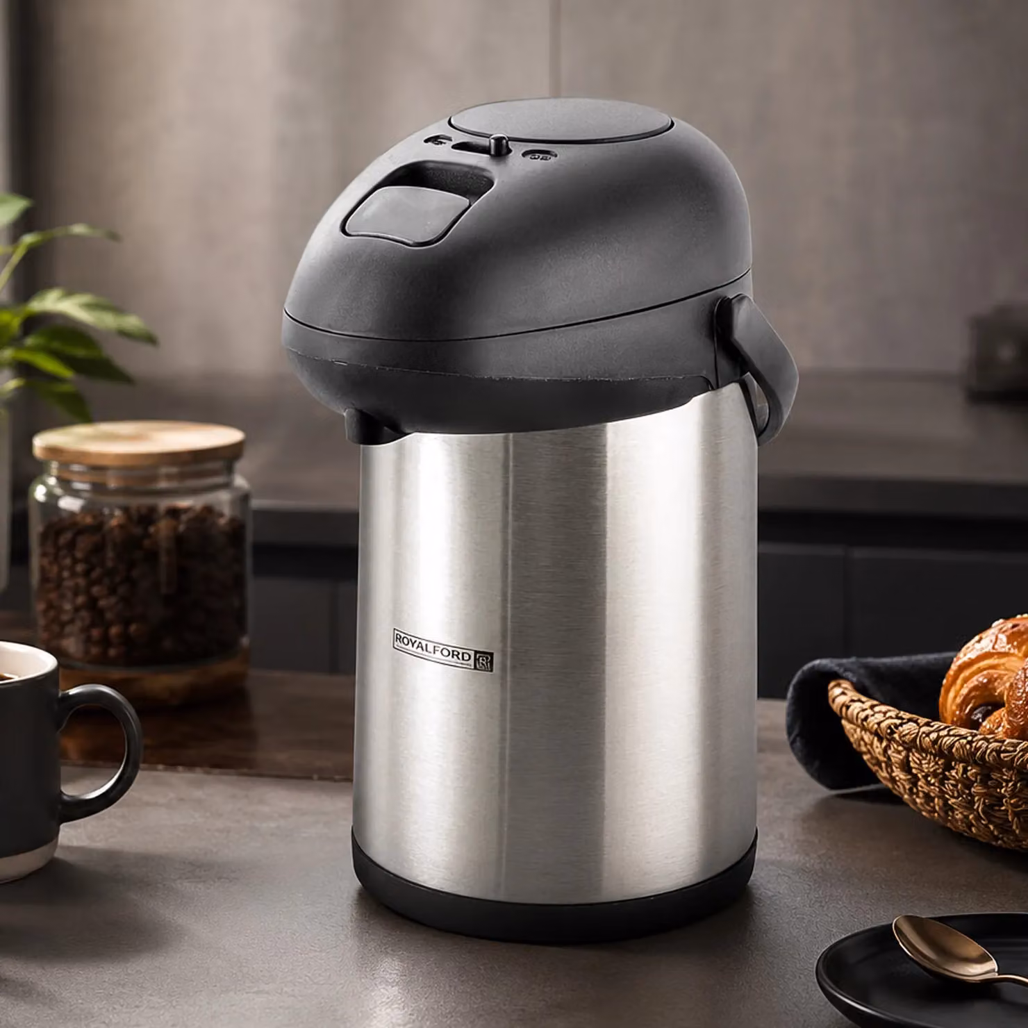Royalford Vacuum Insulated Coffee and Tea Dispenser with Pump and Safety Lock, Silver, 3 l – 2