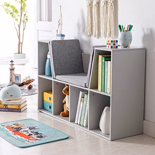 HOMCOM Grey Kids Bookcase and Toy Storage Cabinet for Children's Rooms and Living Rooms – 5