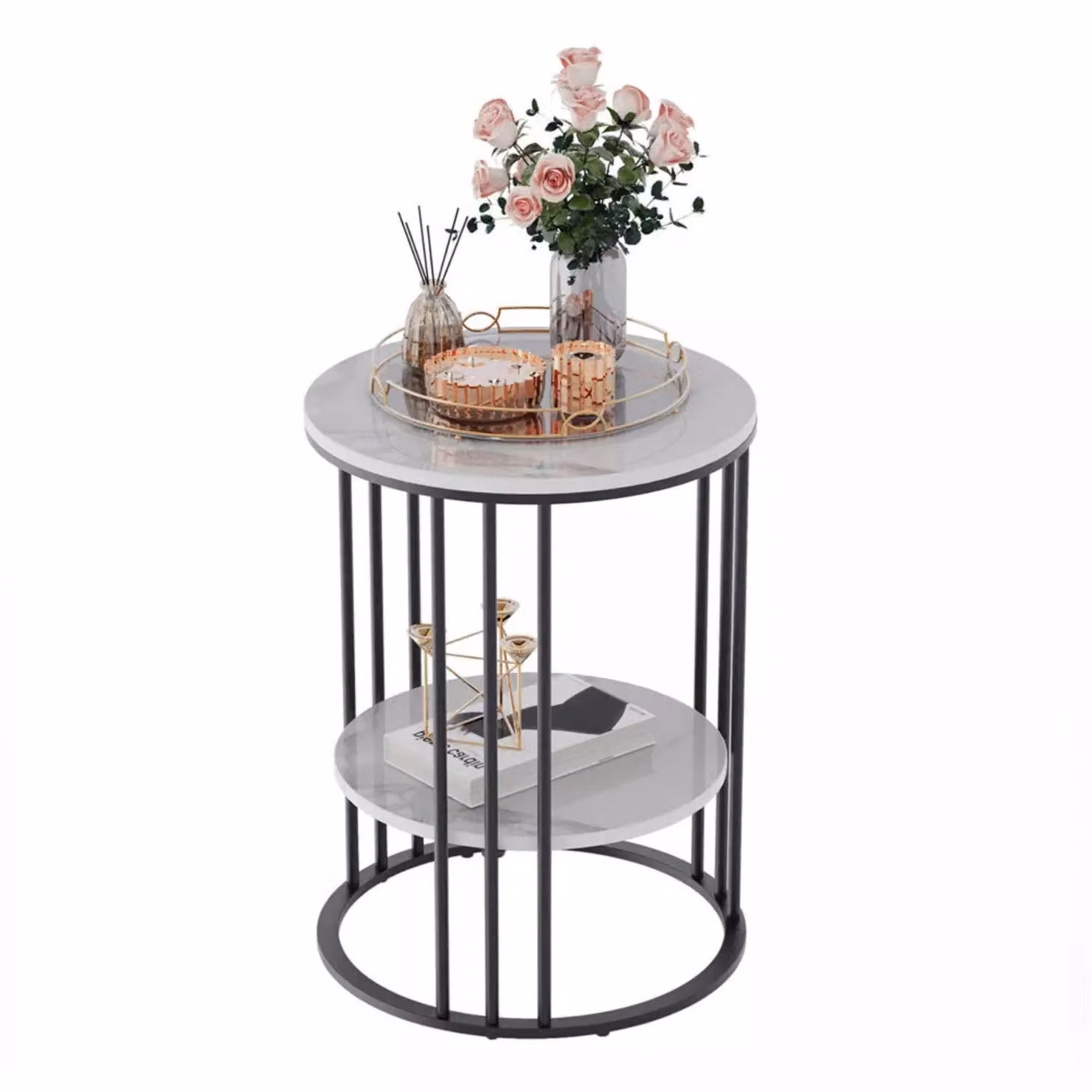 Pirlo Plush 2 Tier Round Faux Marble Side Table in Black, H: 54.0 cm, W: 40.0 cm, D: 50.0 cm – 2