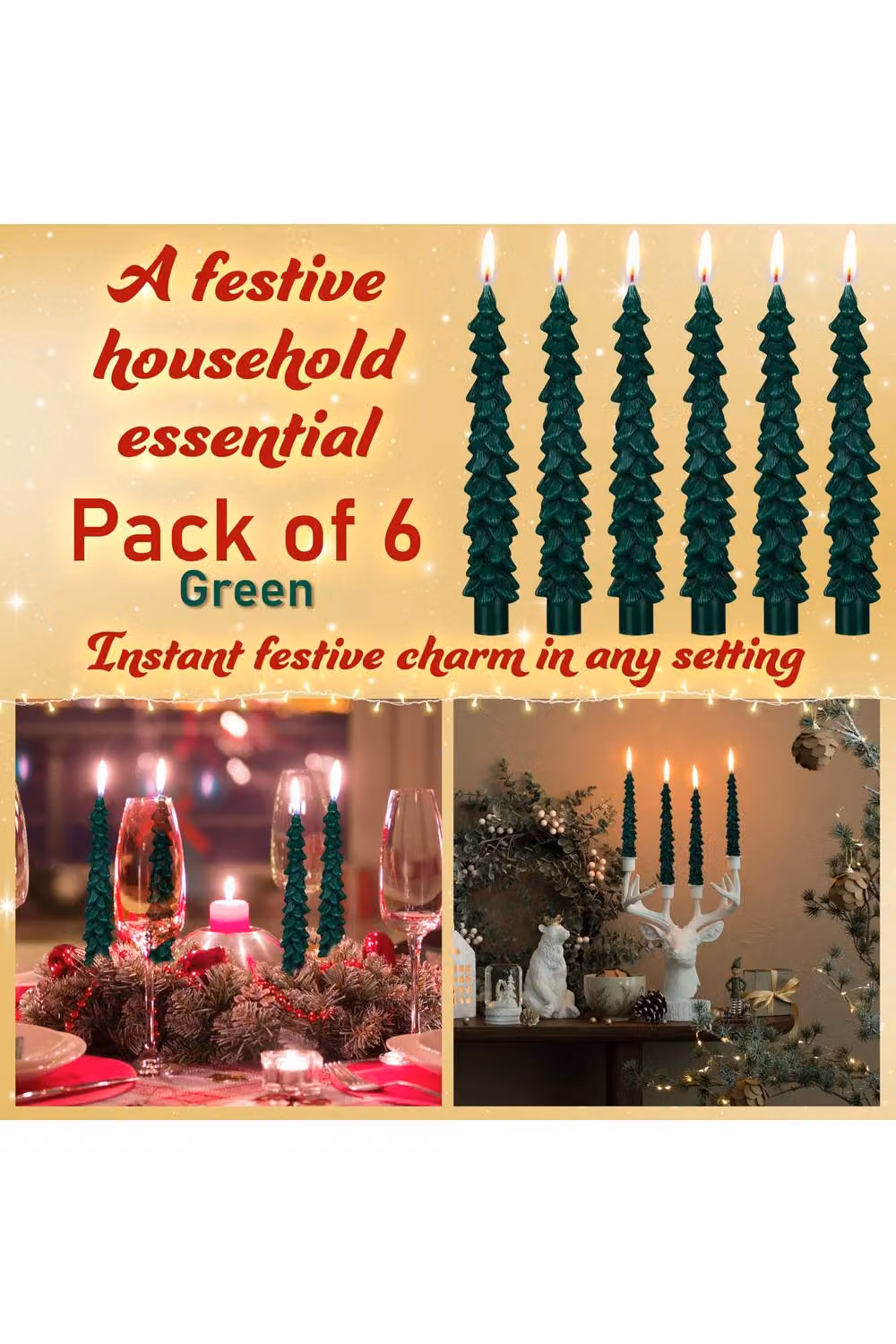 Deco Express Christmas Tree Dinner Candles, Green and Gold, Set of 6 – 8