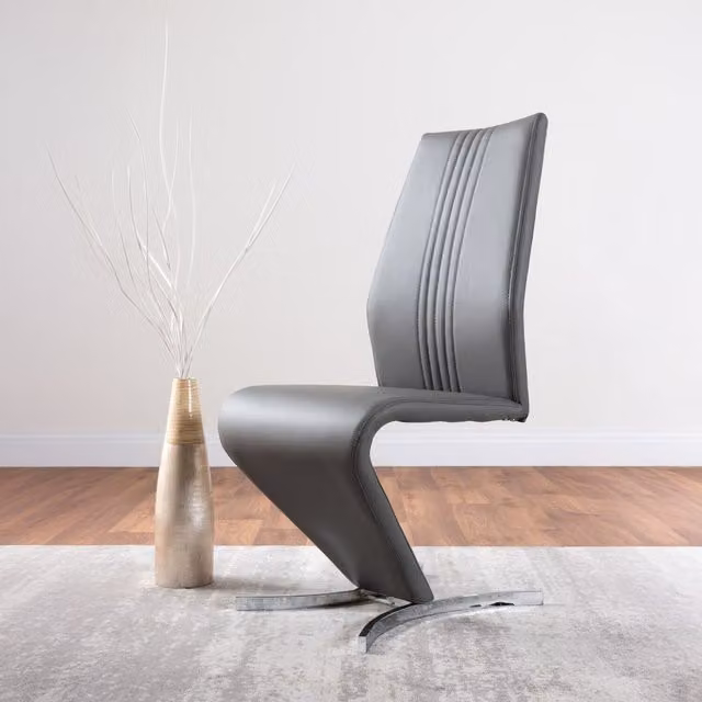 FurnitureboxUK Set of 2 Willow Modern Z-Shaped Faux Leather Dining Chairs with Silver Chrome Metal Legs in Grey