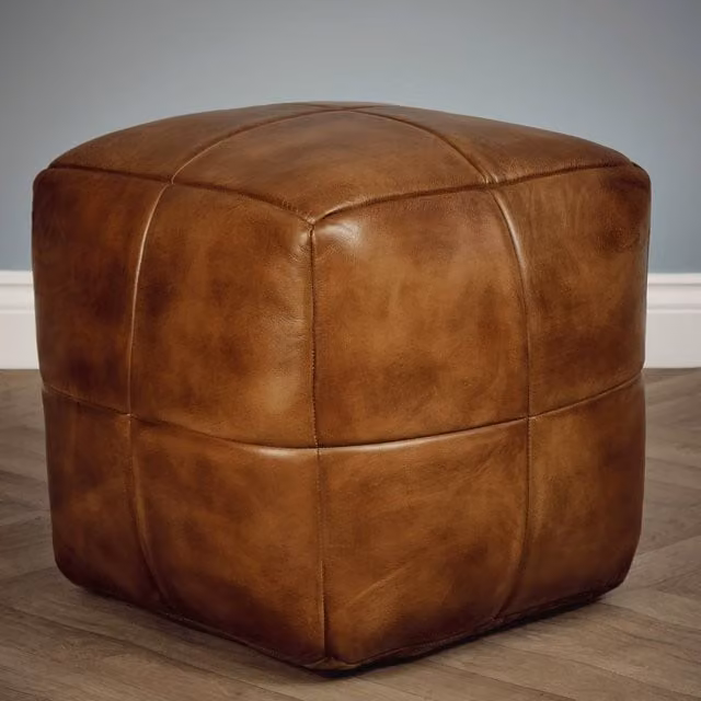 Elm Home And Garden Modern Cube Pouffe Foot Stool in Brown Genuine Leather