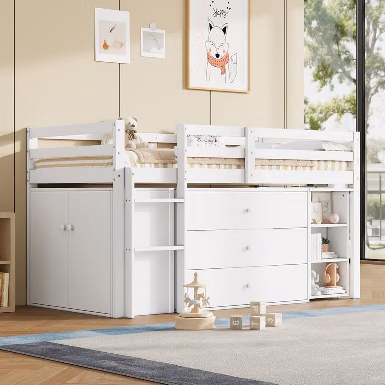 Rolipo Mid Sleeper Single Wood Bed in White with Stairs, Drawers and Bedside Shelf, W/D/H: 90 x 190 cm