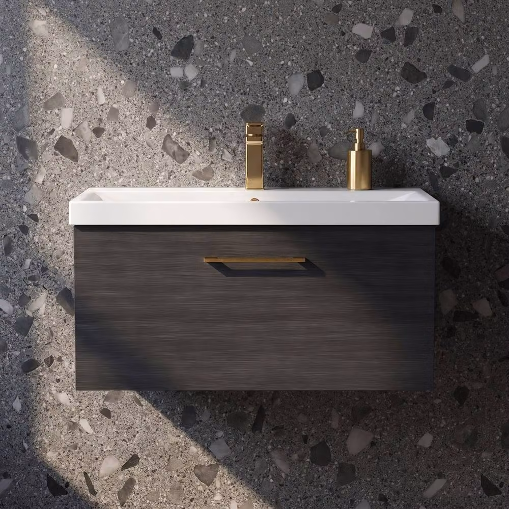 Balterley Modern Wall Mounted Single Drawer Bathroom Vanity Unit in Matt Black with Bronze Handle, W/D/H: 80.0 x 39.0 x 39.9 cm – 6