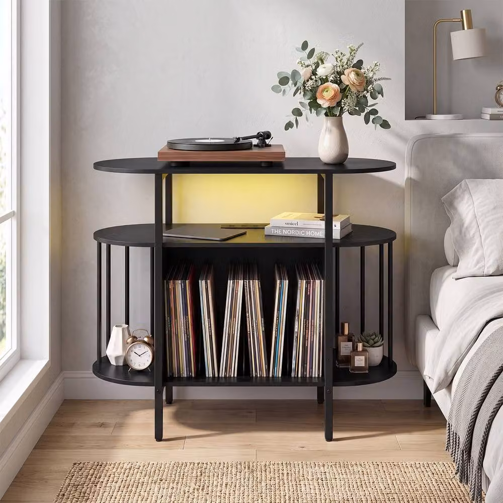 Gymax Large Record Player Stand with LED Lights in Black Metal – 4