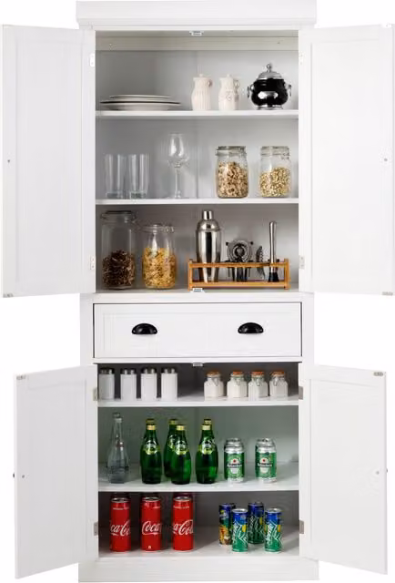 Gymax White Modern Kitchen Pantry Cabinet with 2 Hinged Doors and Internal Drawers, Height: 183 cm