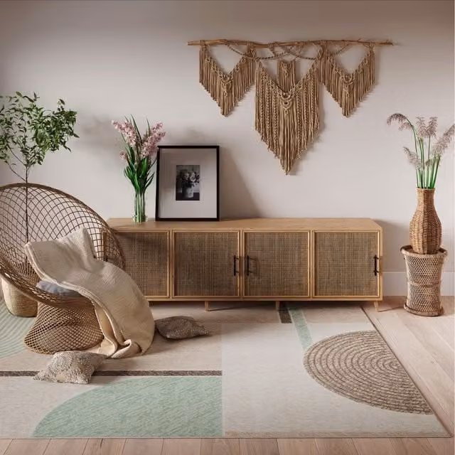 The Rug House Beige and Green Wabi Sabi Geometric Living Room Rug, W: 230 cm, D: 160 cm