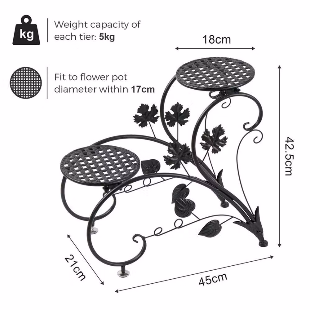 Nordara Black Metal Plant Stand for Indoor and Ornamental Garden Plants, W/D/H: 45.0 x 21.0 x 42.5 cm – 2