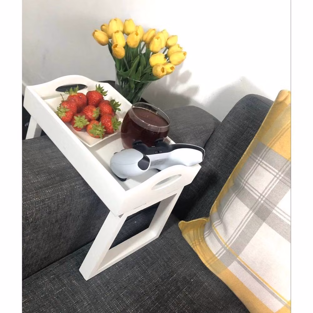 FORGEVIO Wooden Sofa Arm Rest Tray and Remote Organiser in White – 2