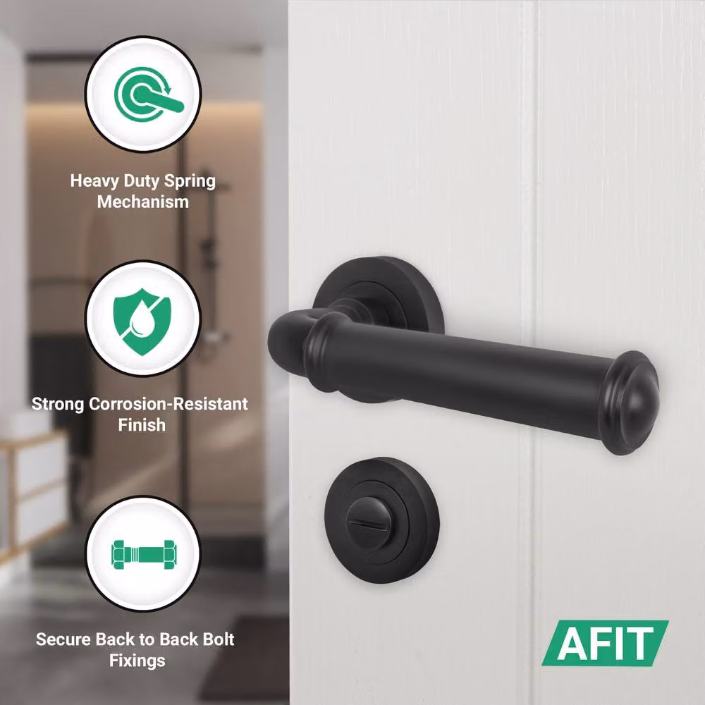 AFIT Matt Black Aluminium Bathroom Door Handle Set with Lock and Hinges – 2