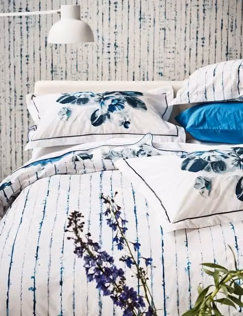 Designers Guild 2 Pack White and Indigo Floral Pure Cotton Percale Pillowcases
