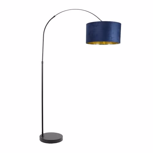ValueLights Louis Black Arch Floor Lamp with Navy Blue Velvet and Gold Inner Shade and Warm White LED Bulb, H: 180 cm, W: 45 cm, D: 45 cm