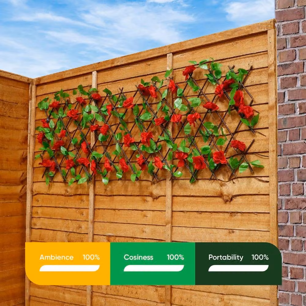 Gardenwize Solar Powered LED Extendable Garden Trellis with Red Flowers and Faux Ivy Privacy Screen – 3