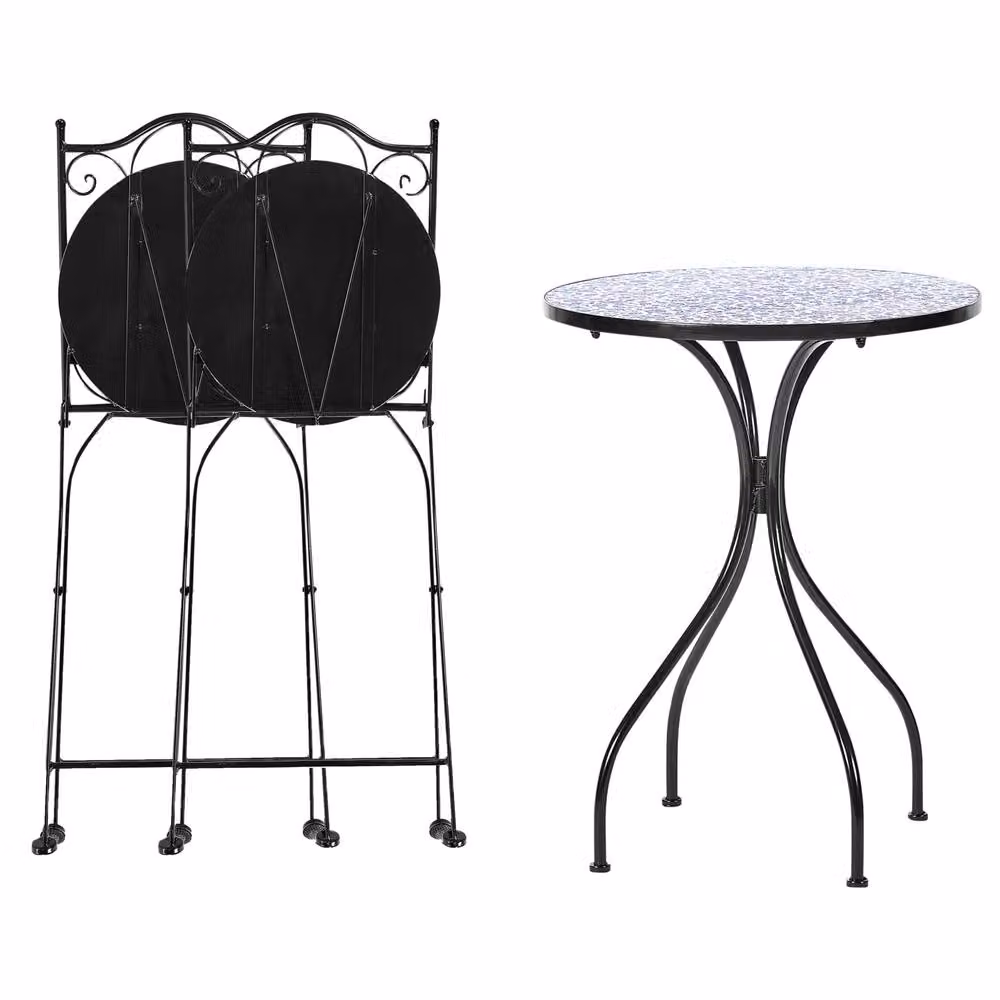 Wyld and Coco Mediterranean Bistro Set in Black and Blue Powder Coated Steel with Ceramic Floral Details – 3