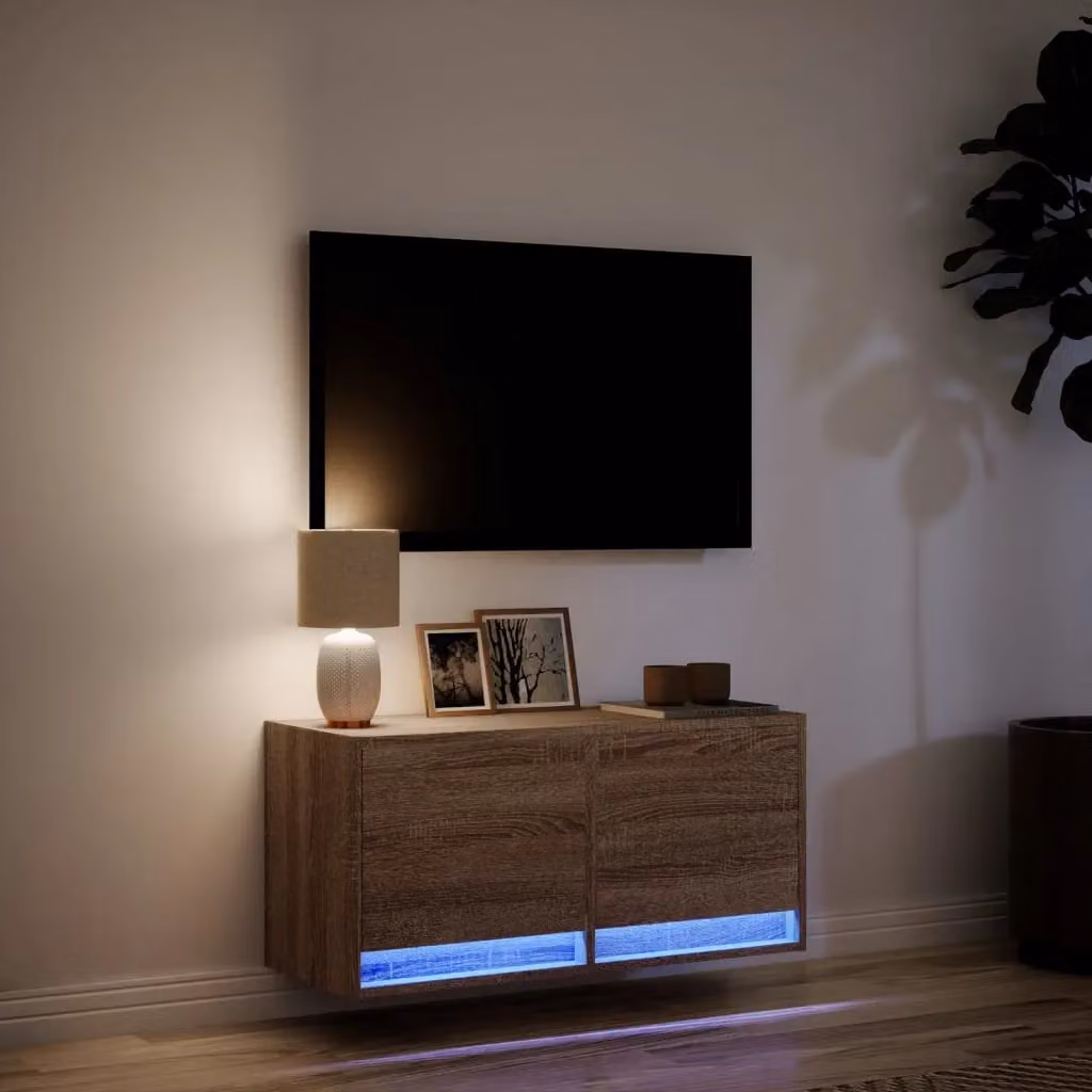 Berkfield Home Modern Wall Mounted TV Cabinet with Integrated LED Lighting in Brown Oak, W/D/H: 80 x 31 x 35 cm – 4