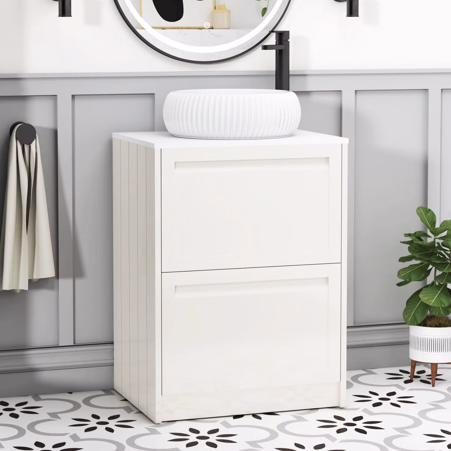 Royal Bathrooms Elmore 600mm Classic White Floor Standing 2 Drawer Vanity Unit with Milan Basin