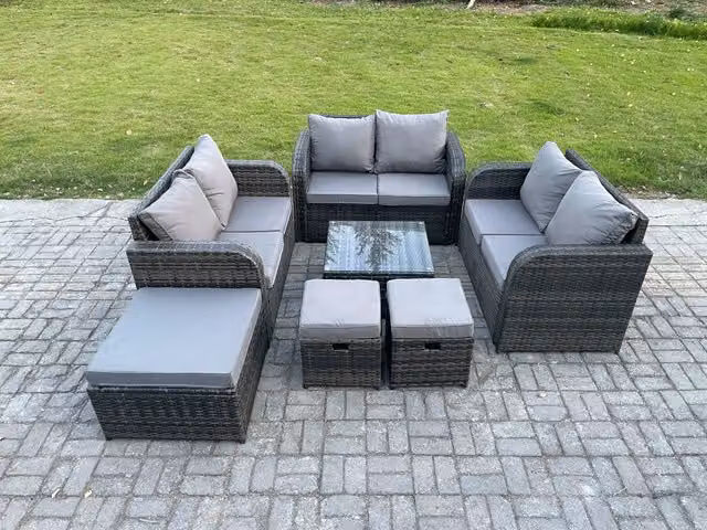 Fimous 9 Seater Rattan Garden Furniture Set in Dark Grey with Upholstered Cushions, Coffee Table and Footstools