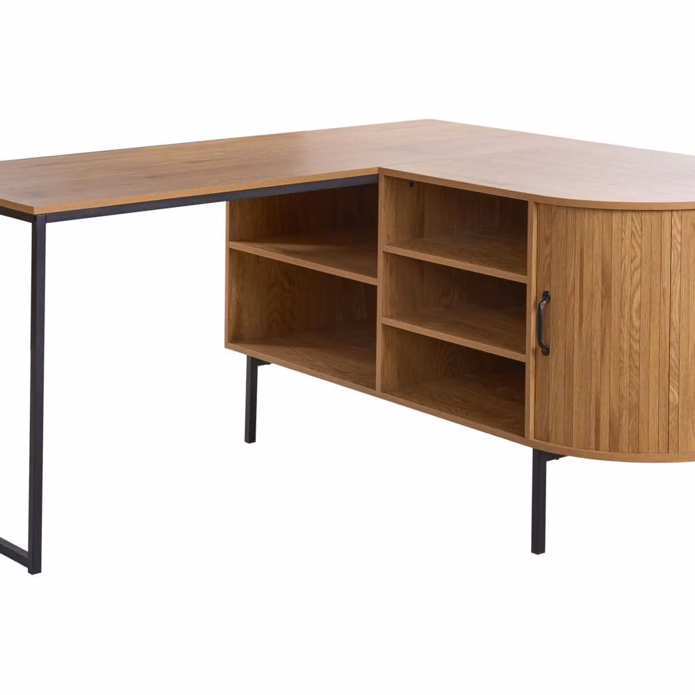Wyld and Coco Industrial Corner Office Desk with Sliding Door in Light Brown Wood and Black Iron – 2