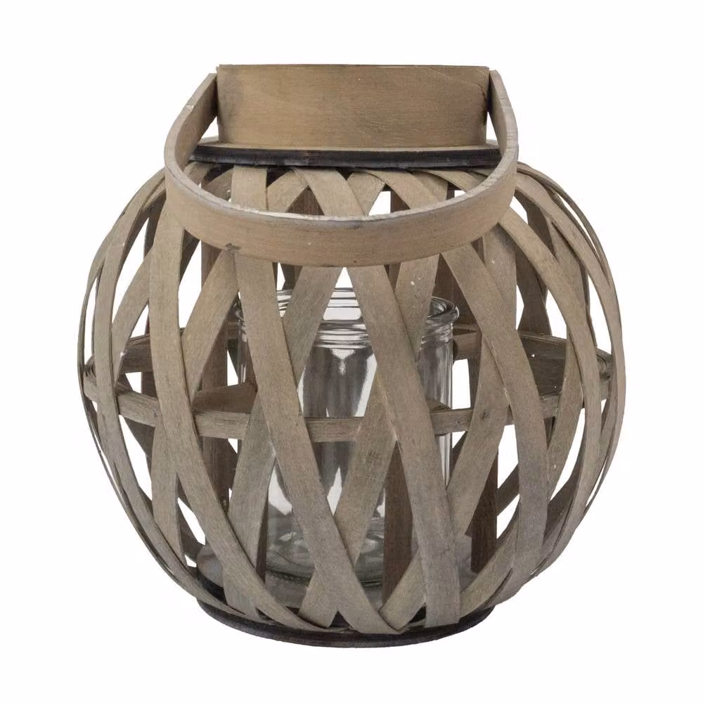 JVL Luna Natural Round Wood Lantern with Handle in Brown, W/D/H: 24.5 x 24.0 x 24.0 cm – 3