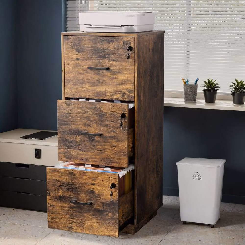 EONLION Brown Lockable 3 Drawer File Cabinet – 2