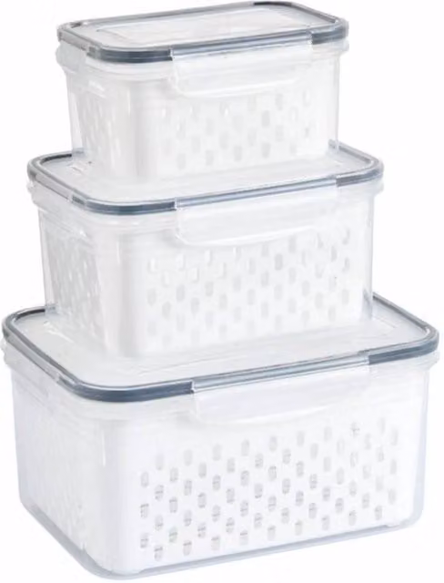 FORGEVIO 3-Piece Plastic Fruit Storage Container Set with Snap Lids in Grey, Blue and White – 1