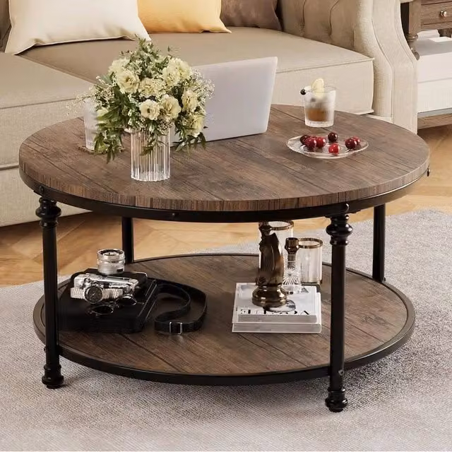 KORVIXA 2-Tier Round Wooden Coffee Table in Brown, Diameter: 100 cm