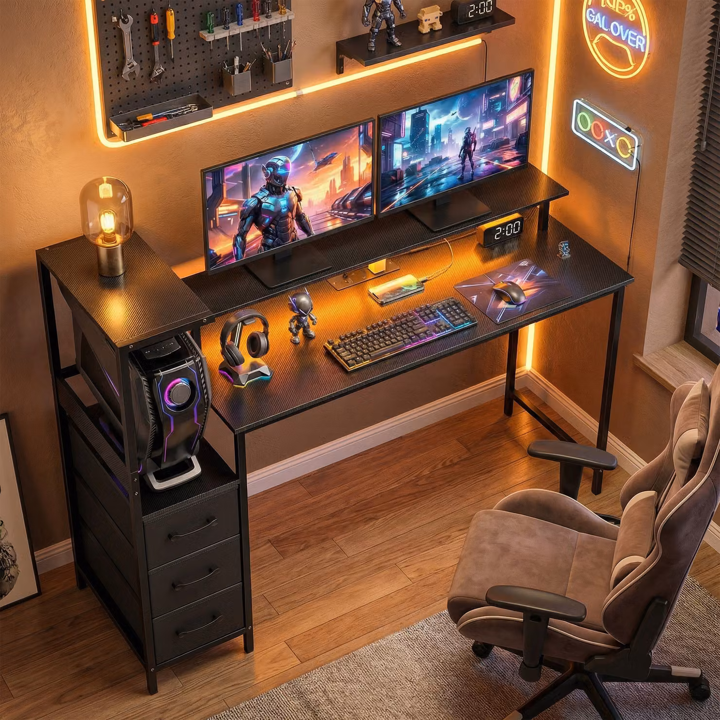 HOMCOM Black Gaming Desk with Charging Station, Monitor Stand and RGB Lights, W: 147 cm – 2