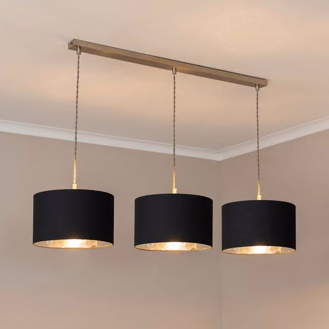 ValueLights Reni 3 Drop Bar Metallic Shade Pendant Ceiling Light in Brushed Chrome and Black with Bulbs Included